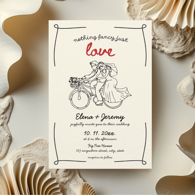 Nothing Fancy Just Love Motorcycle Hand Drawn  Invitation (Nothing fancy just love wedding invitation hand drawn whimsical quirky motorcycle bike aesthetic)