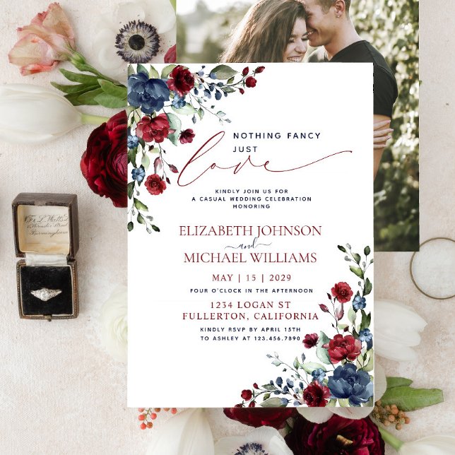 Nothing Fancy Just Love Navy Blue Burgundy Photo Invitation (Creator Uploaded)