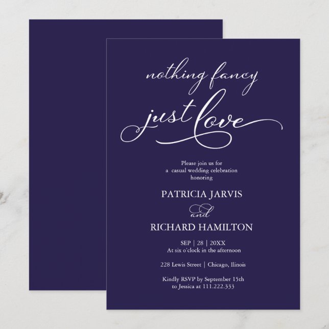 Nothing Fancy Just Love Navy Blue Casual Wedding Invitation (Front/Back)