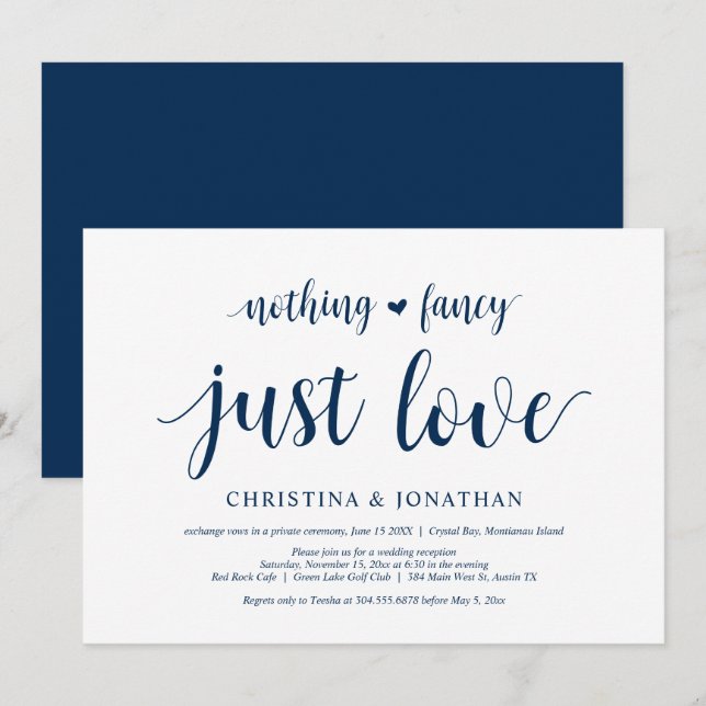 Nothing Fancy, Just Love, Navy Blue,  Elopement Invitation (Front/Back)