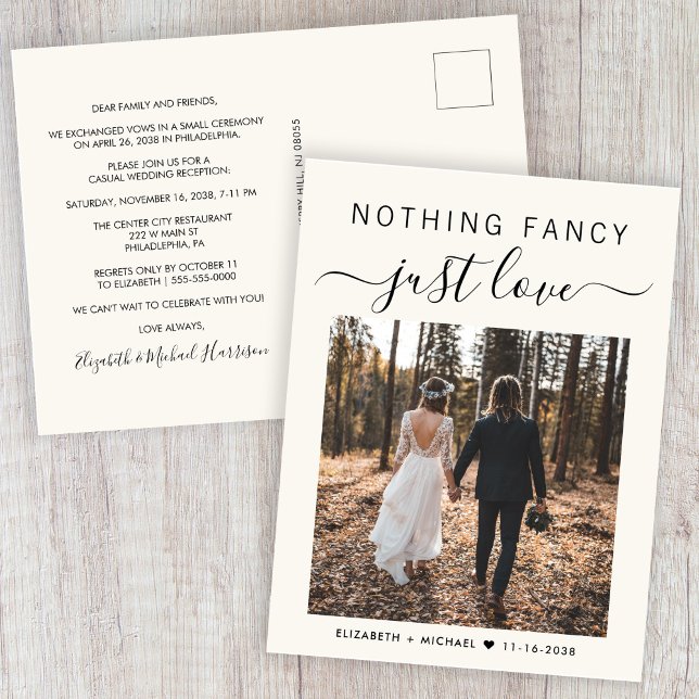 Nothing Fancy Just Love Photo Wedding Reception Invitation Postcard (Creator Uploaded)