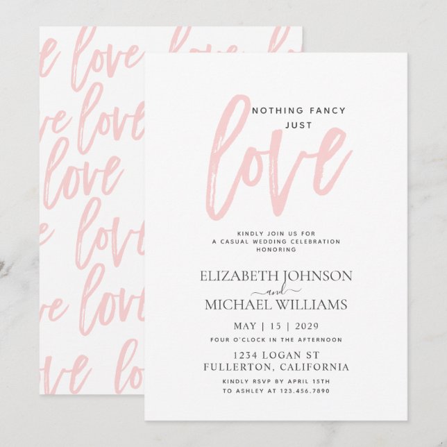 Nothing Fancy Just Love Pink Casual Wedding Invitation (Front/Back)