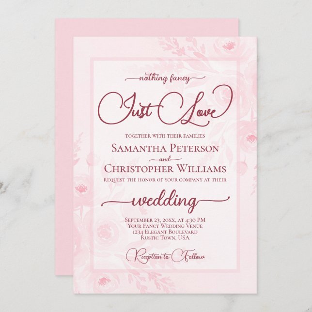 Nothing Fancy Just Love Pink Peonies Boho Wedding Invitation (Front/Back)