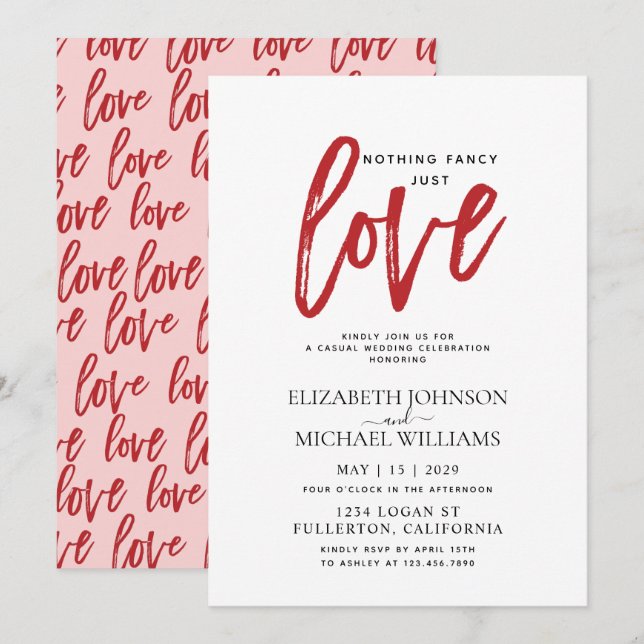 Nothing Fancy Just Love Pink & Red Casual Wedding Invitation (Front/Back)