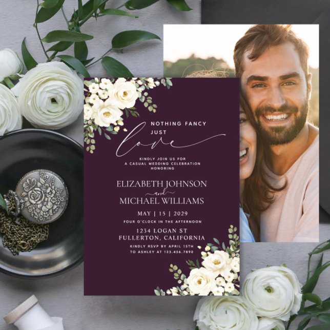 Nothing Fancy Just Love Plum Purple Photo Wedding Invitation (Creator Uploaded)