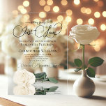 Nothing Fancy Just Love Posh White Rose Wedding Acrylic Invitations<br><div class="desc">These stunning acrylic wedding invitations feature a beautiful modern floral design with a single long stemmed ivory or white rose reflecting or mirrored in a pool of water. The background is clear so you can see through the invitation. The elegant text features script lettering with fancy tails and swashes that...</div>