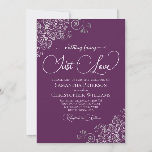 Nothing Fancy Just Love Purple & Silver Wedding Invitation (Front)