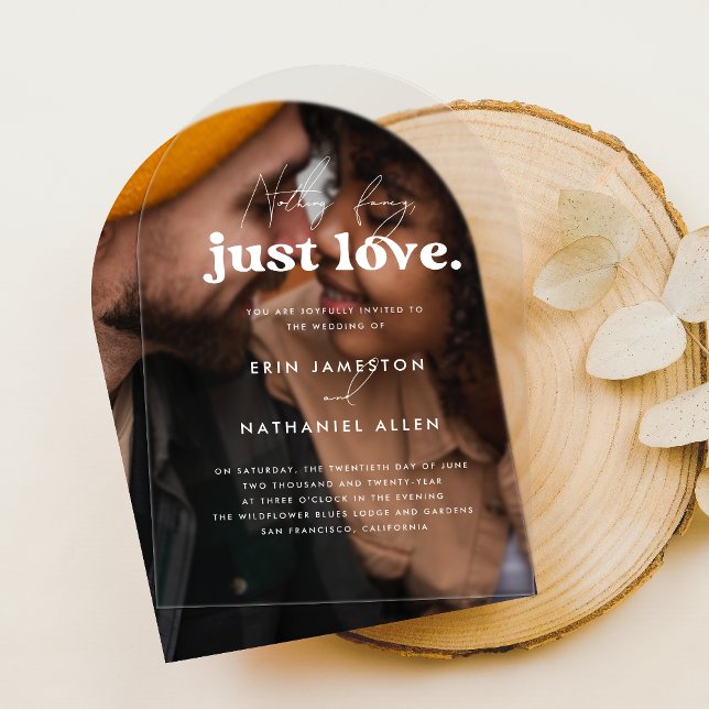 Nothing Fancy Just Love Retro Groovy Arch Wedding Acrylic Invitations (Card Mock-up)