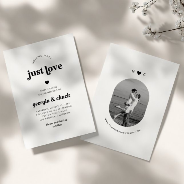 Nothing Fancy Just Love Retro Oval Photo Wedding Invitation (Creator Uploaded)