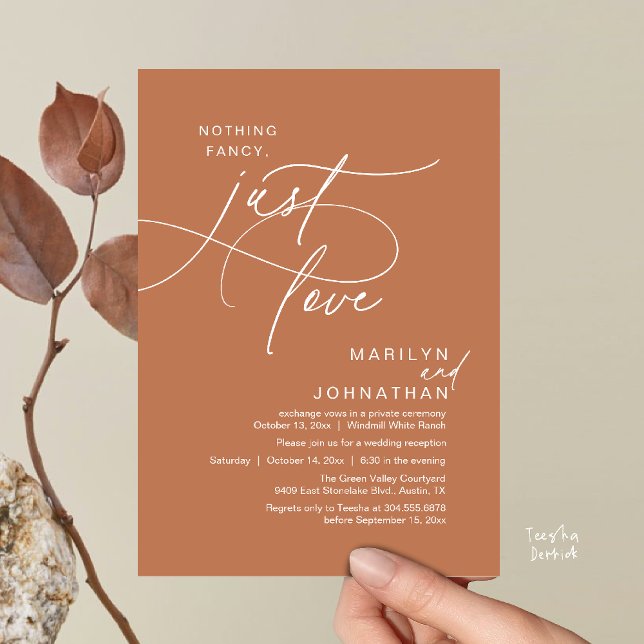 Nothing Fancy, Just Love, Romantic Wedding Dinner Invitation (Nothing Fancy, Just Love, Modern Romantic Wedding Reception Dinner Invites Card Earthy Brown Copper)