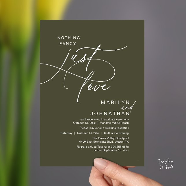 Nothing Fancy, Just Love, Romantic Wedding Dinner Invitation (Nothing Fancy, Just Love, Modern Romantic Wedding Reception Dinner Invitation Card in Olive Green)