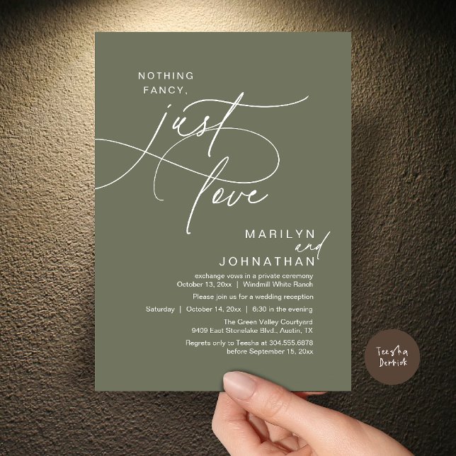 Nothing Fancy, Just Love, Romantic Wedding Dinner Invitation (Nothing Fancy, Just Love, Modern Romantic Wedding Reception Dinner Invitation Card in Olive Sage)