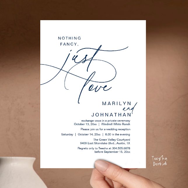 Nothing Fancy, Just Love, Romantic Wedding Dinner Invitation (Nothing Fancy, Just Love, Modern Romantic Wedding Reception Dinner Invitation Card in Navy Blue)