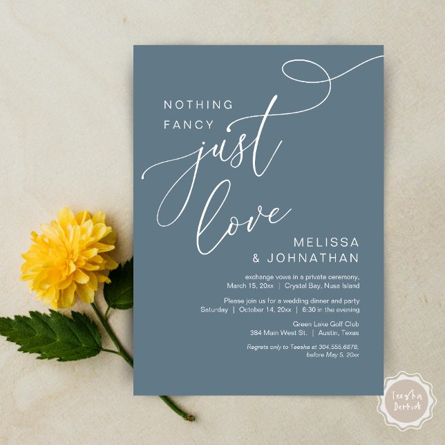 Nothing Fancy, Just Love, Romantic Wedding Dinner Invitation (Nothing Fancy, Just Love, Romantic Wedding Elopement Dinner Invitation Card, PDF, Dark Dusty Blue)