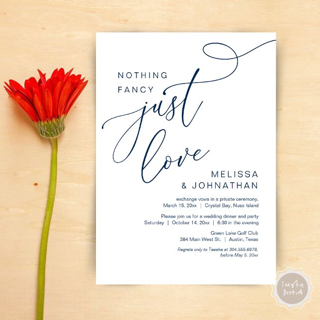 Nothing Fancy, Just Love, Romantic Wedding Dinner Invitation (Nothing Fancy, Just Love, Wedding Elopement Dinner Invitation Card, PDF, Modern Romantic, Navy Blue)