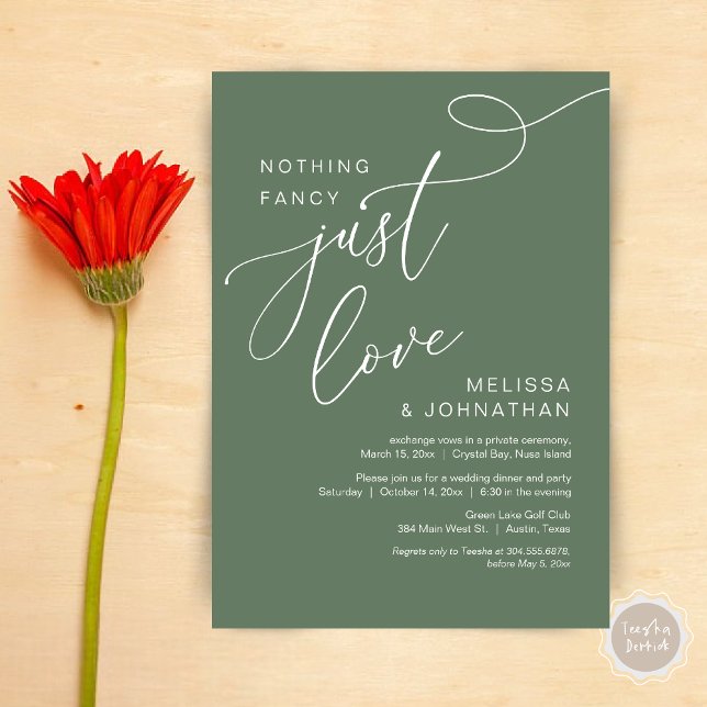 Nothing Fancy, Just Love, Romantic Wedding Dinner Invitation (Nothing Fancy, Just Love, Romantic Wedding Elopement Dinner Invitation Card, PDF, Forest Sage Green)