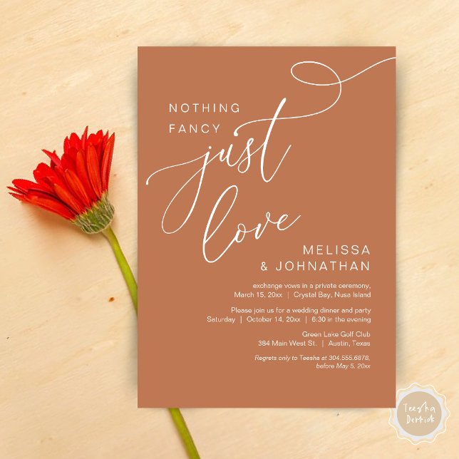 Nothing Fancy, Just Love, Romantic Wedding Dinner Invitation (Nothing Fancy, Just Love, Romantic Wedding Elopement Dinner Invitation Card, PDF, Copper Rust)