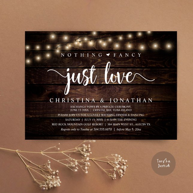 Nothing Fancy Just Love, Rustic Wedding Dinner Invitation (Nothing Fancy Just Love, Rustic Wedding Dinner Invitation card, pdf, in cottage dark wood)
