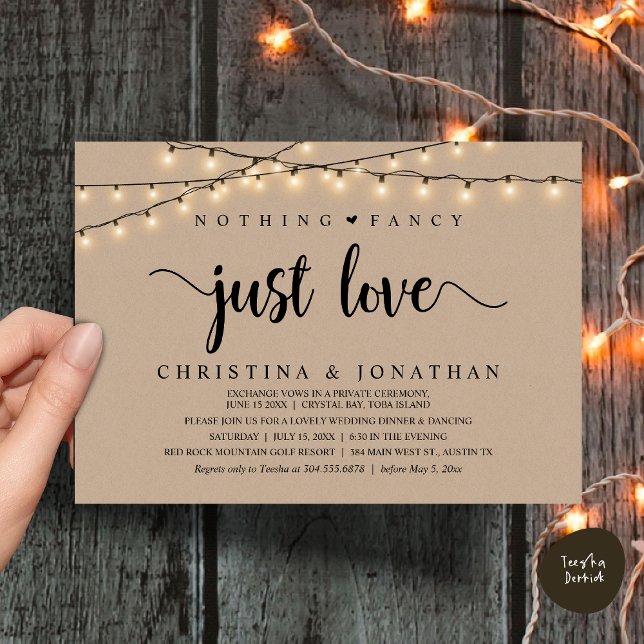 Nothing Fancy Just Love, Rustic Wedding Dinner Invitation (Nothing Fancy Just Love, Rustic Wedding Dinner Invitation Card, PDF, String Lights Brown Kraft)