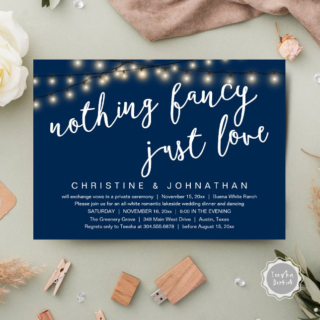 Nothing Fancy, Just Love Rustic Wedding Dinner Invitation (Nothing Fancy, Just Love Rustic Wedding Dinner Invitation Card PDF String Lights Navy Blue)