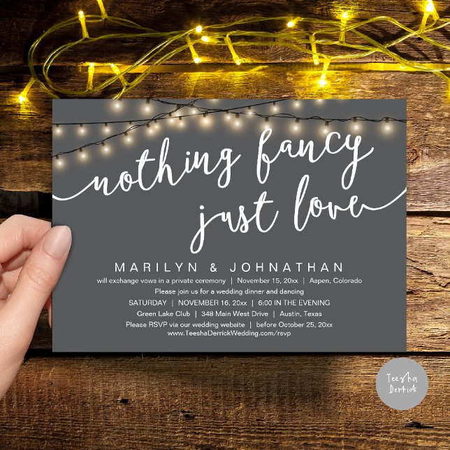 Nothing Fancy, Just Love, Rustic Wedding Dinner Invitation (Nothing Fancy, Just Love, Rustic Cottage String Lights, Wedding Dinner Invites Card, PDF, Dark Grey)