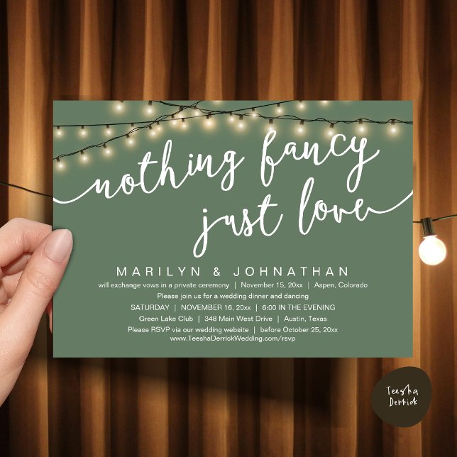 Nothing Fancy, Just Love, Rustic Wedding Dinner Invitation (Nothing Fancy, Just Love, Rustic Cottage String Lights, Wedding Dinner Invites Card, PDF, Sage Green)