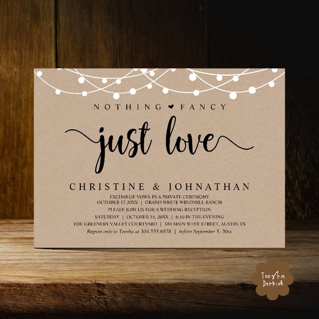 Nothing Fancy Just Love, Rustic Wedding Reception Invitation (Nothing Fancy Just Love, Rustic String Lights Wedding Reception Invitation card in brown kraft)