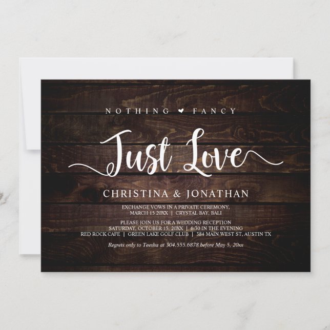 Nothing Fancy, Just Love, Rustic Wood, Elopement Invitation (Front)