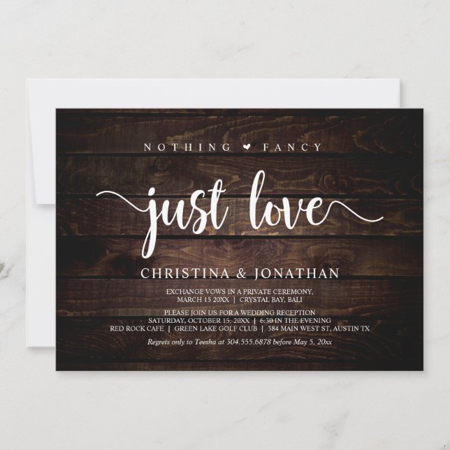 Nothing Fancy, Just Love, Rustic Wood, Elopement Invitation (Front)