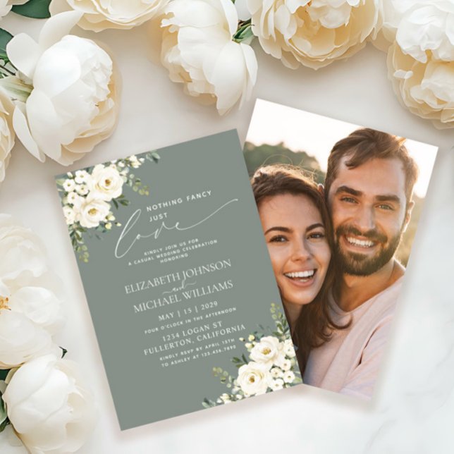 Nothing Fancy Just Love Sage Green Photo Wedding Invitation (Creator Uploaded)