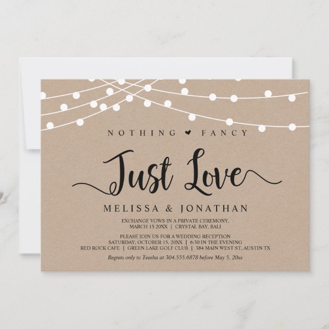 Nothing Fancy, Just Love, String Lights Elopement Invitation (Front)