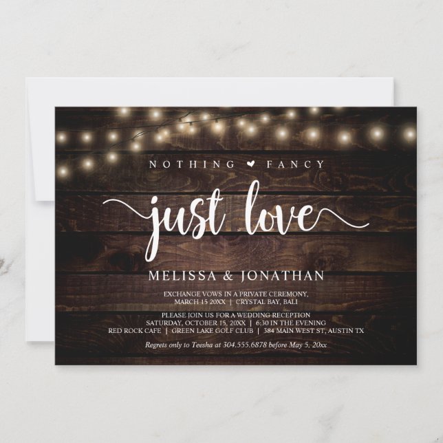 Nothing Fancy, Just Love, String Lights Elopement Invitation (Front)