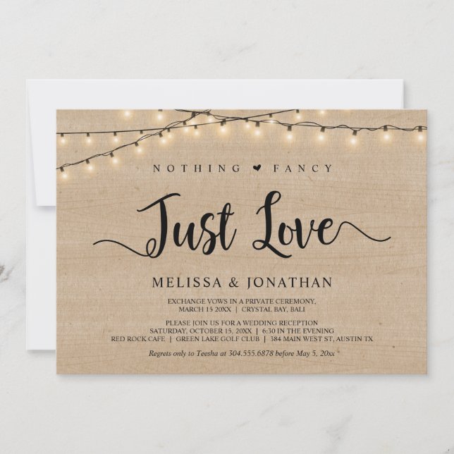 Nothing Fancy, Just Love, String Lights Elopement Invitation (Front)