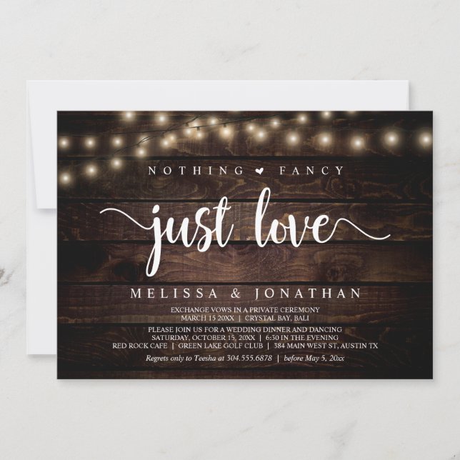 Nothing Fancy, Just Love, String Lights Elopement Invitation (Front)