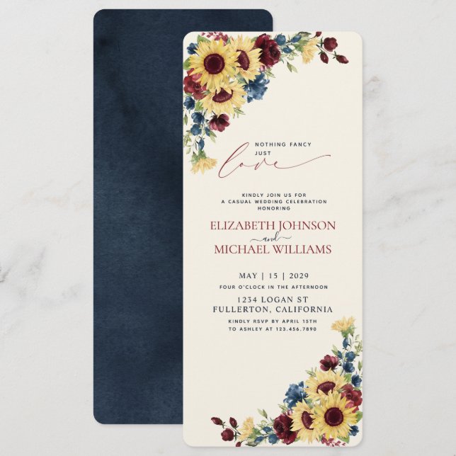 Nothing Fancy Just Love Sunflower Blue Burgundy Invitation (Front/Back)