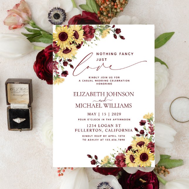 Nothing Fancy Just Love Sunflower Burgundy Wedding Invitation (Creator Uploaded)