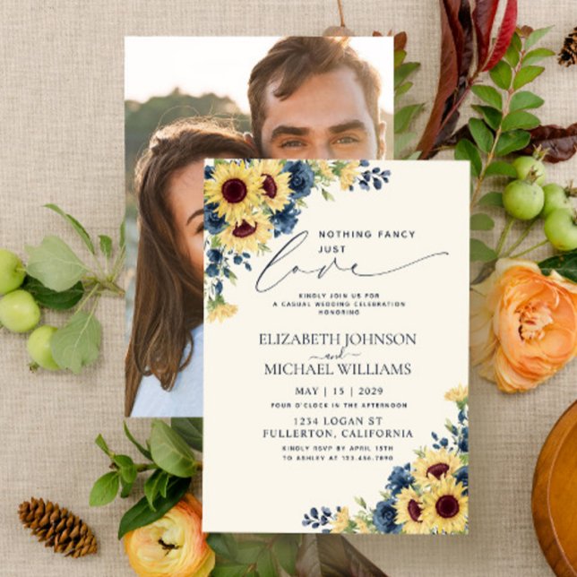 Nothing Fancy Just Love Sunflower Navy Blue Photo Invitation (Creator Uploaded)