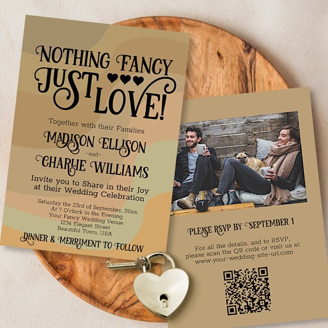 Nothing Fancy Just Love Tan QR Code Photo Wedding Invitation (In Situ Front and Back)