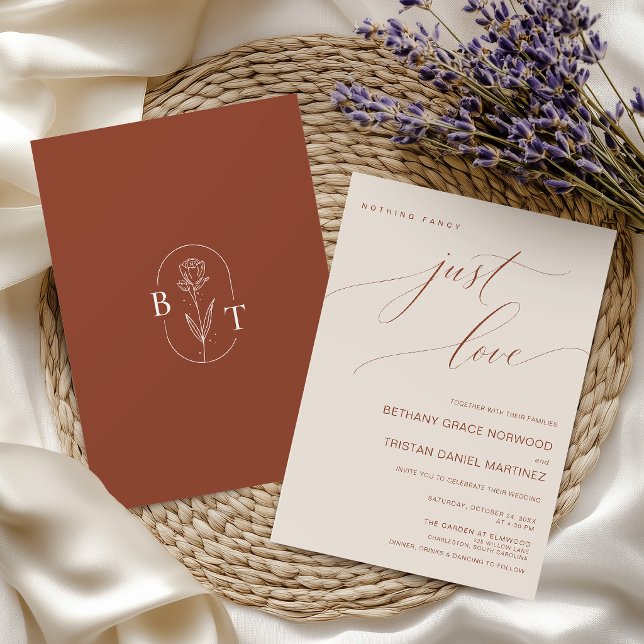 Nothing Fancy Just Love Terracotta Wedding Script Invitation (Creator Uploaded)