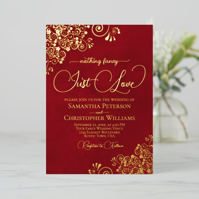 Nothing Fancy Just Love Wedding Crimson Red & Gold (Standing Front)