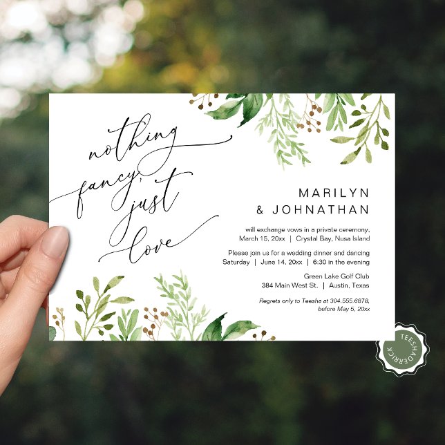 Nothing Fancy, Just Love Wedding Dinner Eucalyptus Invitation (Nothing Fancy, Just Love Wedding Elopement Reception Dinner Invitation Card, Greenery Leaves)