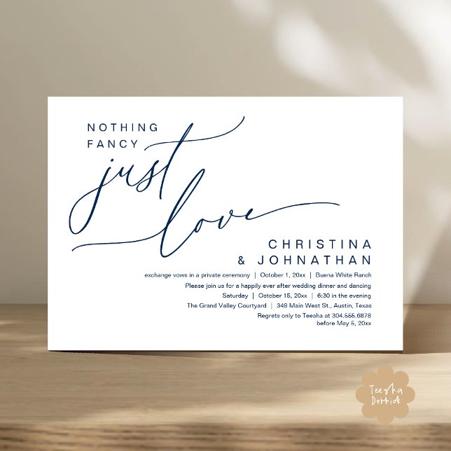 Nothing Fancy Just Love Wedding Dinner Party Invitation (Nothing Fancy Just Love Modern Romantic Wedding Dinner Lunch Brunch Party Invites Card Navy Blue)