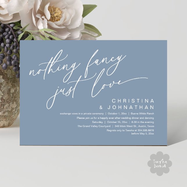 Nothing Fancy Just Love Wedding Dinner Party Invitation (Nothing Fancy Just Love Modern Romantic Wedding Dinner Party Invitation Card PDF Dusty Blue)