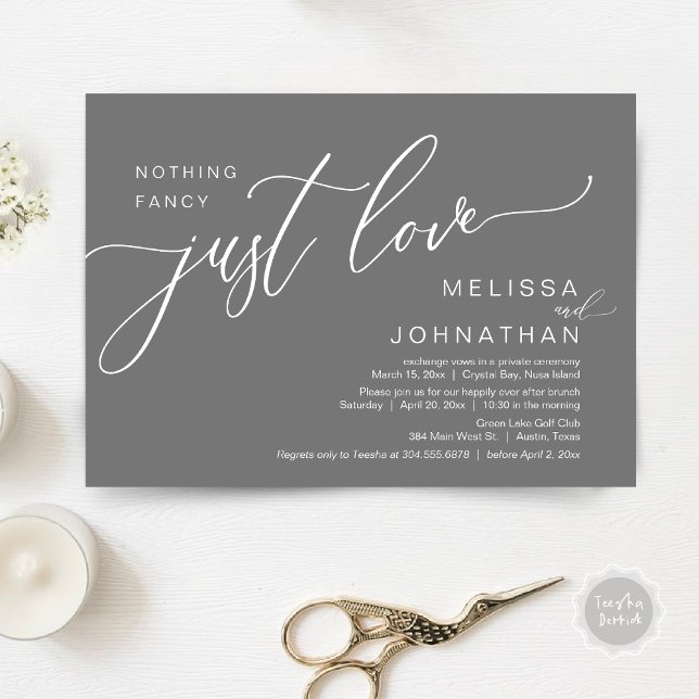 Nothing Fancy Just Love, Wedding Elopement Brunch Invitation (Celebrate with us, Nothing Fancy Just Love, Romantic Wedding Brunch Invitation Card PDF Dark Grey)