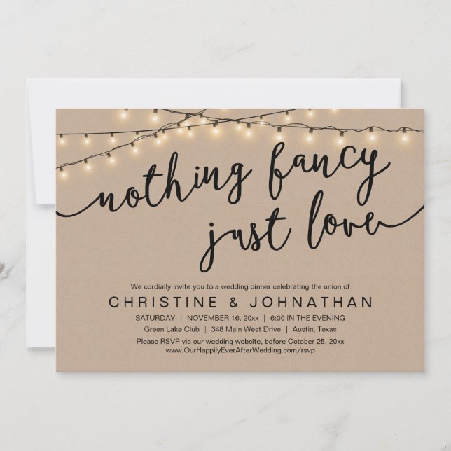 Nothing Fancy, Just Love, Wedding Elopement Dinner Invitation (Front)