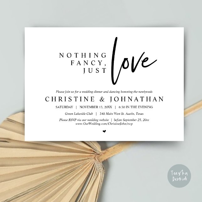 Nothing Fancy, Just Love, Wedding Elopement Dinner Invitation (Nothing Fancy, Just Love, Wedding Elopement Dinner Invitation Card, PDF, in Black and White)