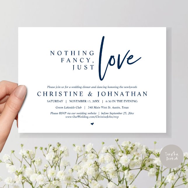 Nothing Fancy, Just Love, Wedding Elopement Dinner Invitation (Nothing Fancy, Just Love, Wedding Elopement Dinner Invitation Card, PDF, in Navy Blue)