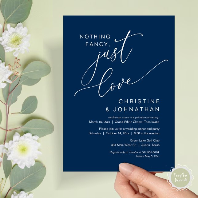Nothing Fancy, Just Love, Wedding Elopement Dinner Invitation (Nothing Fancy, Just Love, Wedding Elopement Dinner Party Invitation Card, PDF, Navy Blue)