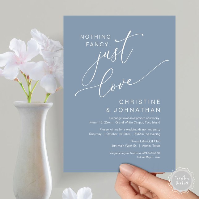 Nothing Fancy, Just Love, Wedding Elopement Dinner Invitation (Nothing Fancy Just Love, Wedding Elopement Dinner Party Invitation Card, PDF, Dusty Blue)