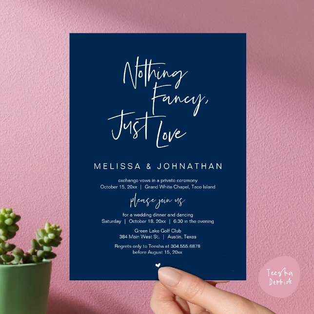 Nothing Fancy, Just Love, Wedding Elopement Dinner Invitation (Happily Ever After Party, Wedding Elopement Dinner Brunch Lunch Invitation Card, PDF, Navy Blue)